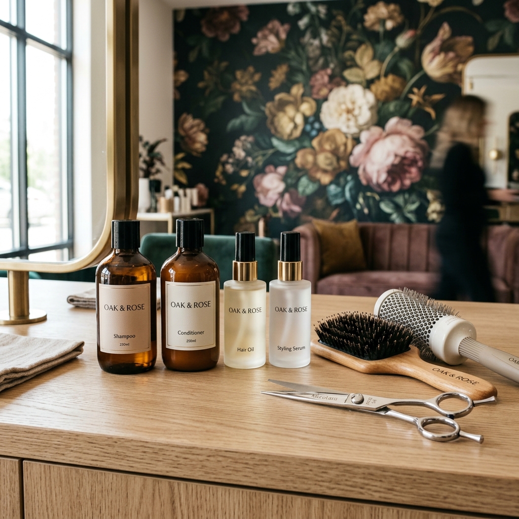 Professional hair products and styling tools on wooden counter